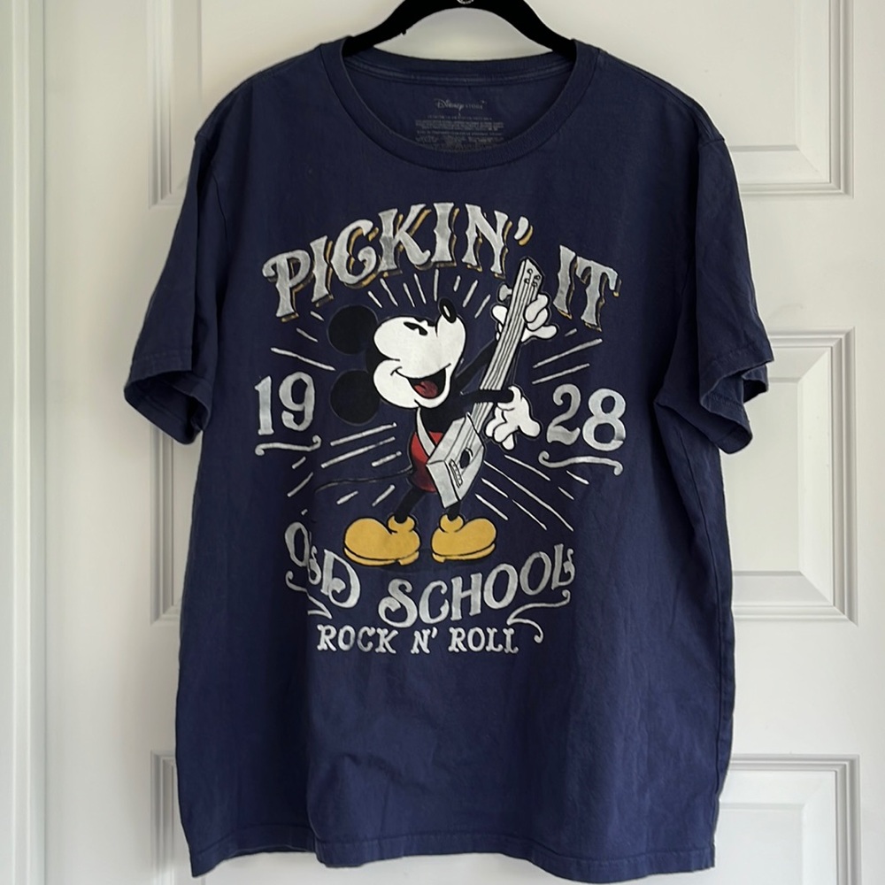 Disney Mickey pickin it old school rock n roll tee shirt blue short sleeve